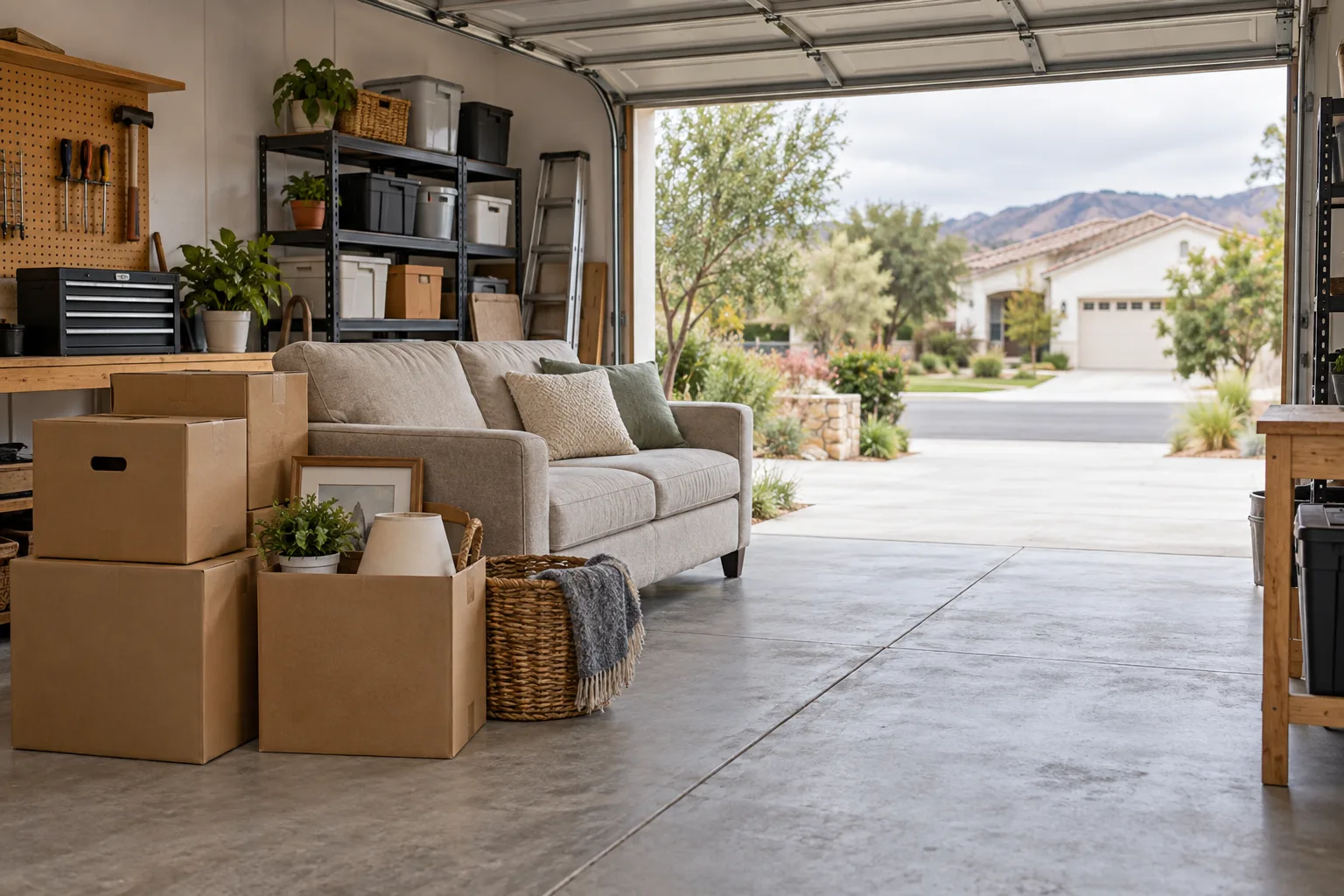 Household items staged near a garage loading area