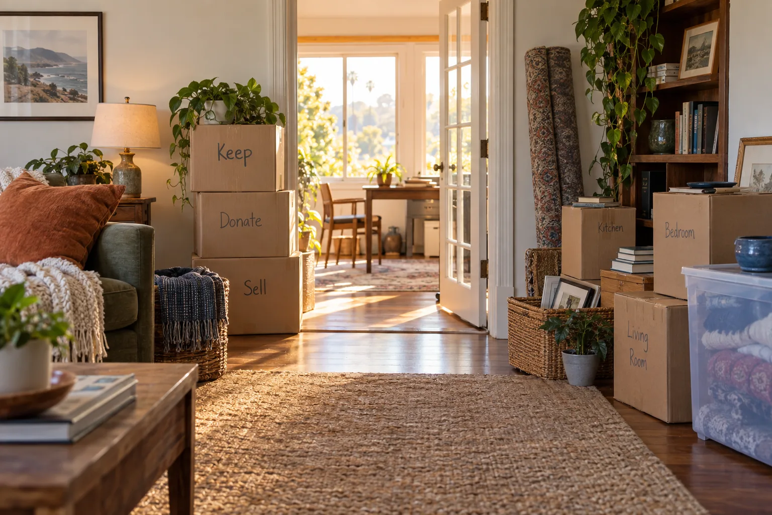 Household items separated for a cleanout in a living room
